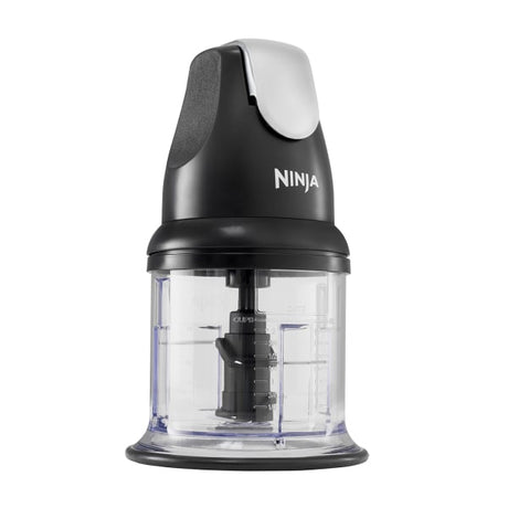 Ninja Professional Stackable Chopper 200W NJ1002UKBK with black and white motor unit, clear glass bowl, and stainless steel blade visible inside