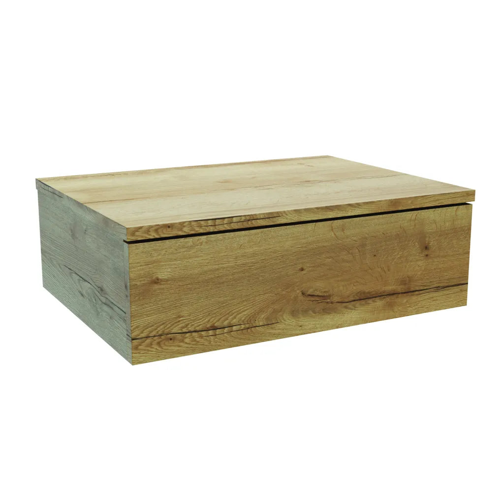 Nuna wall mounted vanity unit in Halifax Oak with natural wood grain finish, featuring a rectangular design with integrated storage drawer and flat top surface