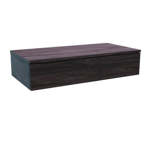 Dark grey wood wall-mounted vanity unit with rectangular top and lower storage drawer, featuring natural wood grain texture in modern minimalist design