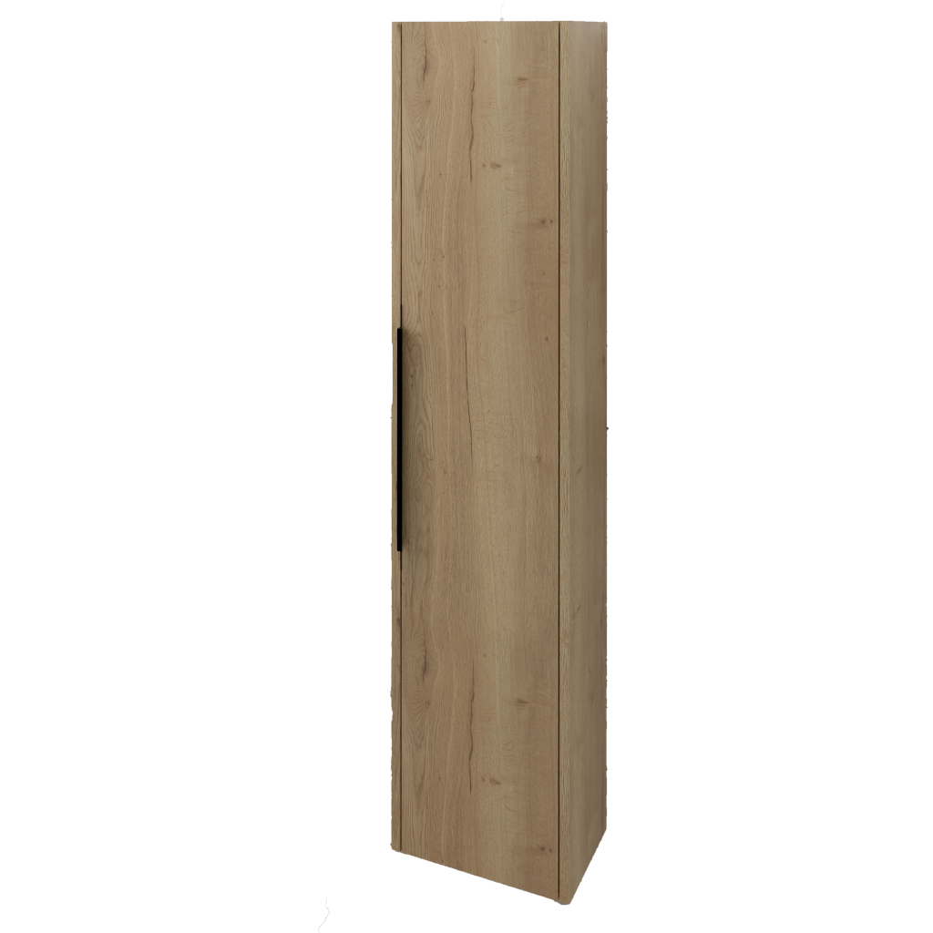 Tall narrow wood grain wall mounted vanity unit in natural Halifax Oak finish with black handle, vertical design suitable for modern bathrooms