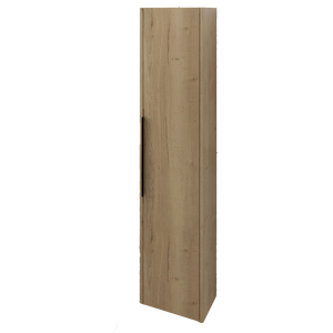 Tall narrow wood grain wall mounted vanity unit in natural Halifax Oak finish with black handle, vertical design suitable for modern bathrooms
