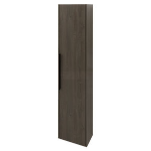 Tall narrow wall mounted vanity unit in dark grey lava wood grain finish with vertical grain pattern and subtle seam detail down the center