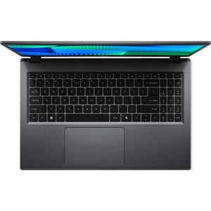 Acer Extensa 15.6 inch laptop in dark grey displaying colorful blue and green display wallpaper, viewed from above showing full QWERTY keyboard and touchpad