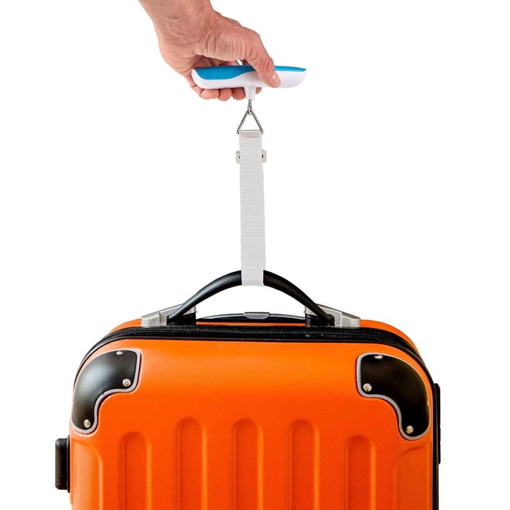 Orange suitcase with a hand holding a luggage scale on a white background