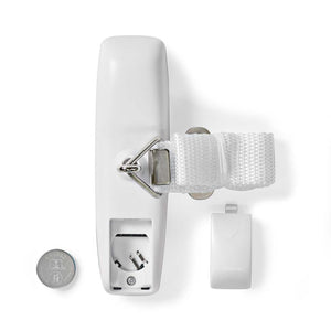 White wall-mounted electrical outlet with a strap and battery on a white background