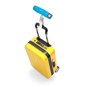 Yellow suitcase with a blue handle on a white background