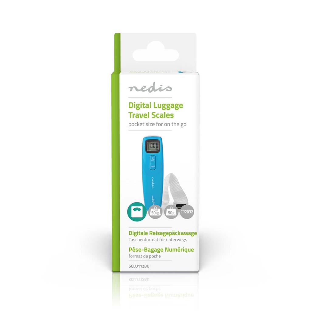 Blue digital luggage scale with a white strap on a white background