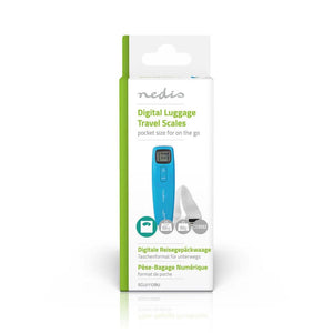 Blue digital luggage scale with a white strap on a white background
