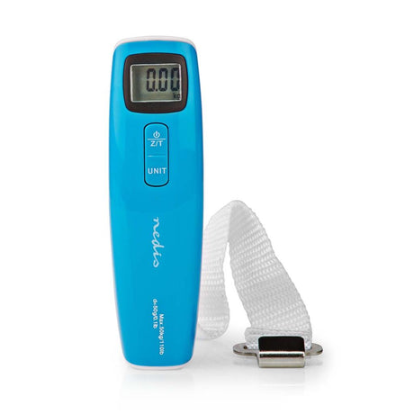 Blue digital luggage scale with a white strap on a white background