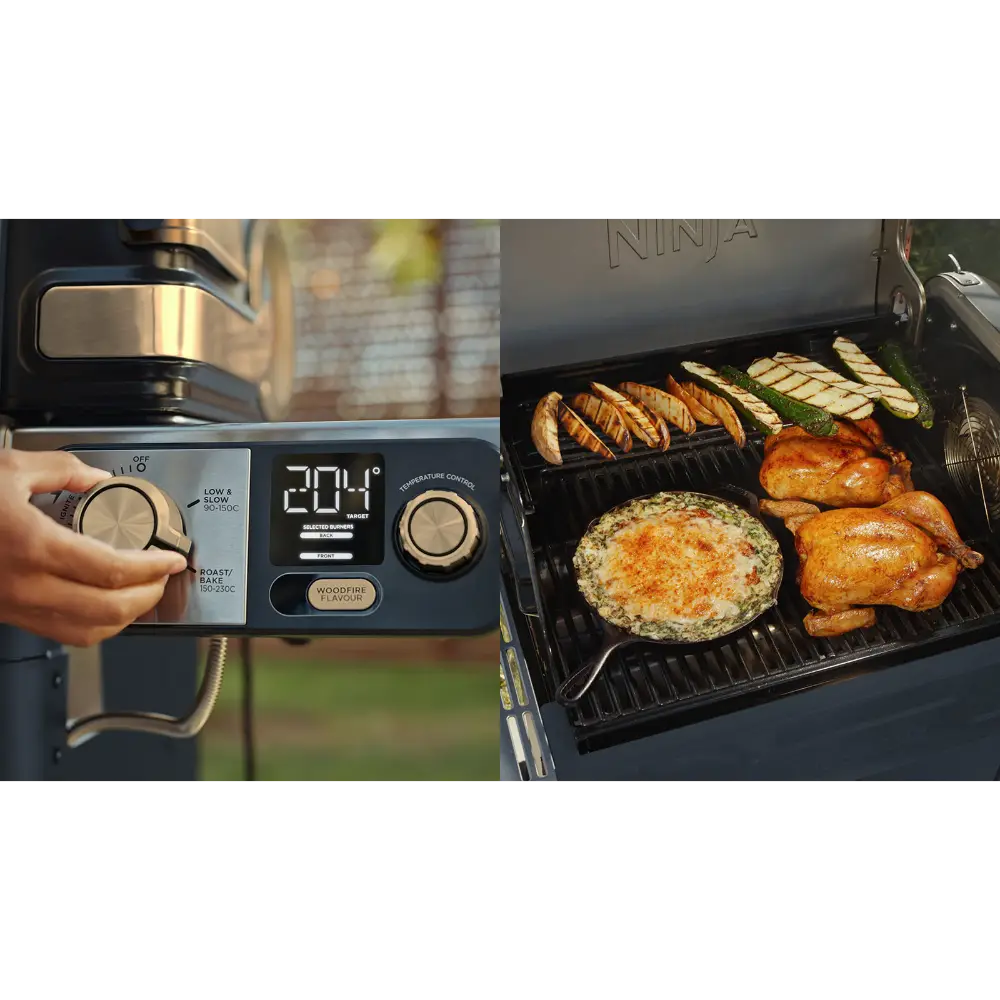 Ninja FlexFlame Gas BBQ control panel with digital temperature display showing 204°C and hand adjusting temperature dial, alongside open grill cooking various foods including chicken, vegetables and a creamy dip in a cast iron skillet