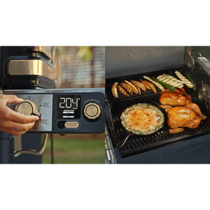 Ninja FlexFlame Gas BBQ control panel with digital temperature display showing 204°C and hand adjusting temperature dial, alongside open grill cooking various foods including chicken, vegetables and a creamy dip in a cast iron skillet