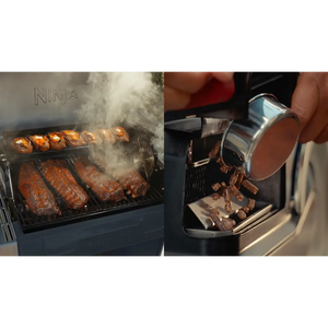 Ninja FlexFlame gas BBQ grill in blue showing sausages and ribs cooking with smoke, alongside close-up of drip tray catching meat juices