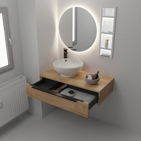 Wall mounted vanity unit in Halifax Oak with Lava Grey drawer, featuring white ceramic vessel sink, illuminated oval mirror, chrome tap, and open shelving unit against white bathroom wall
