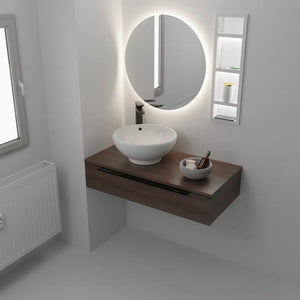 Modern bathroom vanity unit featuring a dark wood wall-mounted cabinet with white ceramic vessel sink, illuminated oval mirror with integrated LED lighting, and matching white storage shelving on white walls
