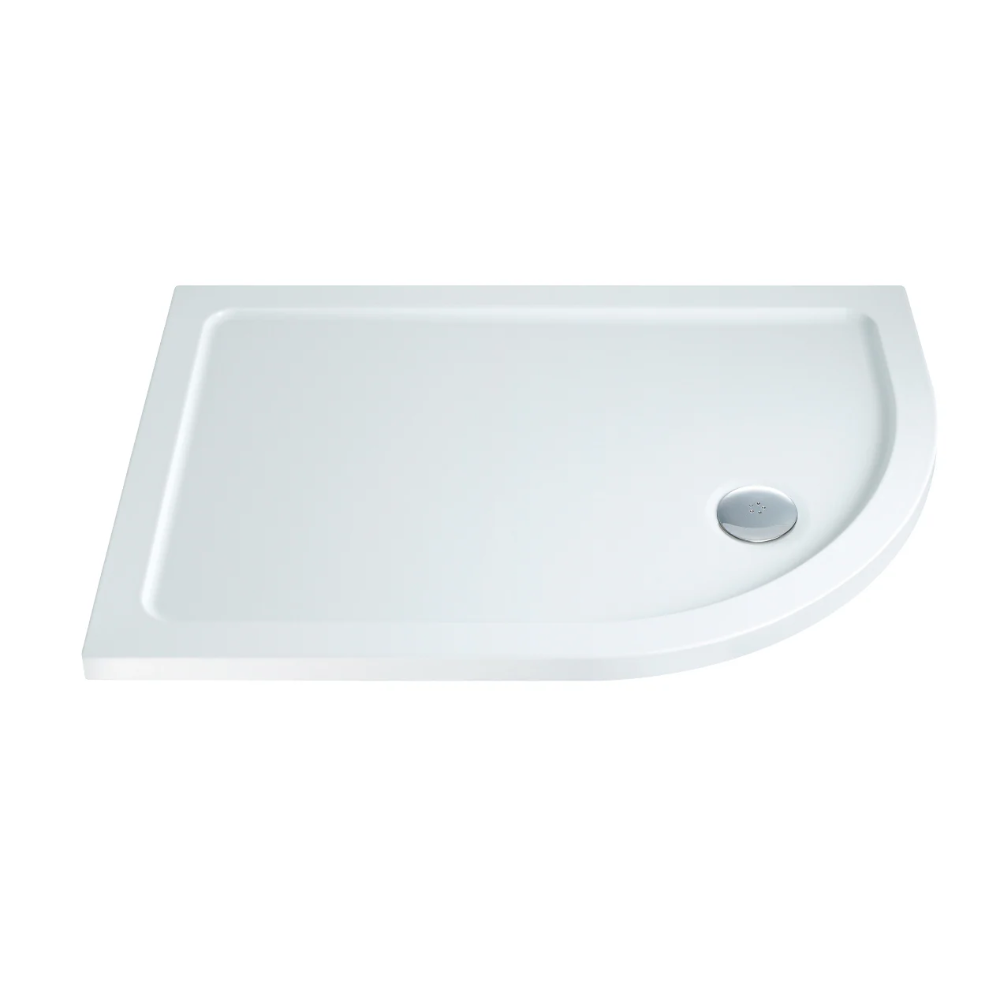 White ceramic offset quadrant shower tray with 40mm height, curved right corner design, and chrome waste outlet, viewed from above at an angle