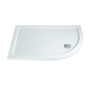 White ceramic offset quadrant shower tray with 40mm height, curved right corner design, and chrome waste outlet, viewed from above at an angle