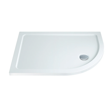 White ceramic offset quadrant shower tray with 40mm height, curved right corner design, and chrome waste outlet, viewed from above at an angle