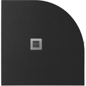Black slate quadrant shower tray with integrated square chrome drain cover and 25mm height, viewed from above