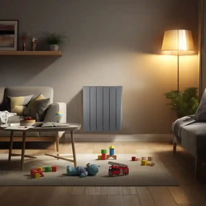 Grey wall-mounted oil-filled radiator in modern living room with cream sofa, wooden coffee table, floor lamp, toy blocks and red fire truck on light wooden flooring