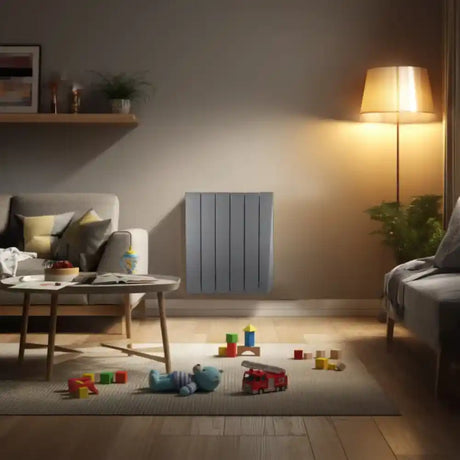 Grey wall-mounted oil-filled radiator in modern living room with cream sofa, wooden coffee table, floor lamp, toy blocks and red fire truck on light wooden flooring