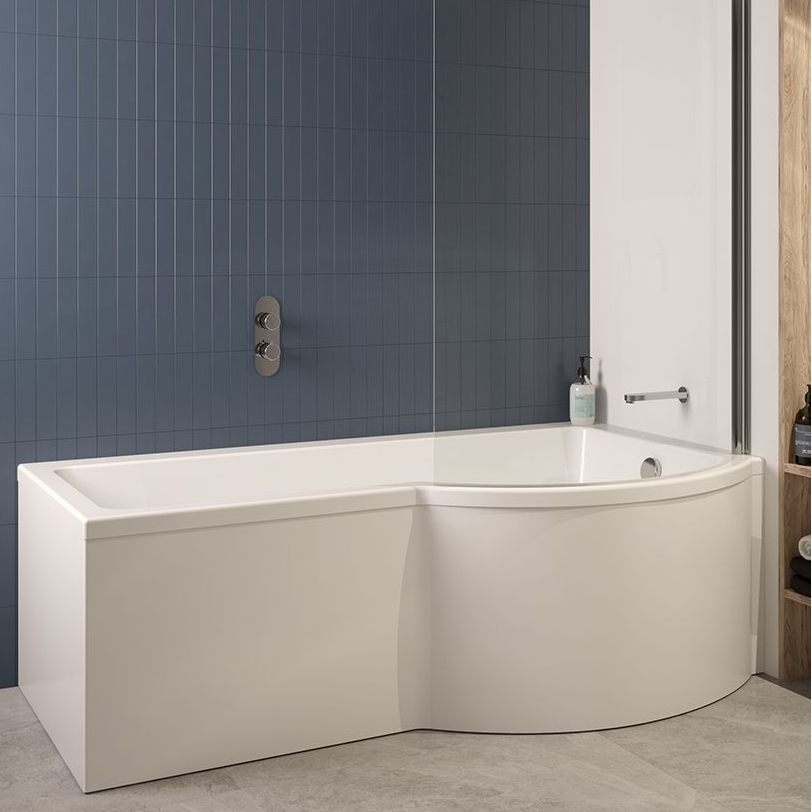 P SHAPE 1700x900mm Single Ended Shower Bath & Panel White with Bath Screen Chrome