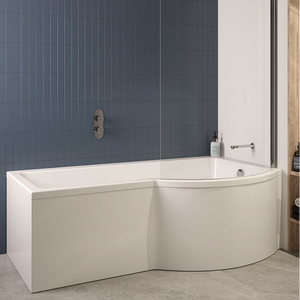 P SHAPE 1700x900mm Single Ended Shower Bath & Panel White with Bath Screen Chrome