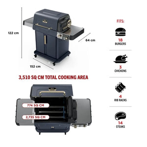Ninja FlexFlame gas barbecue grill in dark blue with side shelves, showing dimensions of 152cm width, 122cm height, and 64cm depth, featuring 3510 sq cm cooking area with top grill section and lower cooking surfaces, alongside overhead view displaying 774 sq cm and 2735 sq cm cooking zones, with icons indicating capacity for 18 burgers, 3 chickens, 4 rib racks, and 14 steaks