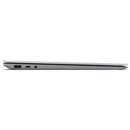 Side view of Microsoft Surface Laptop 3 in platinum silver showing USB-A port, USB-C port, and 3.5mm headphone jack on a thin aluminum chassis