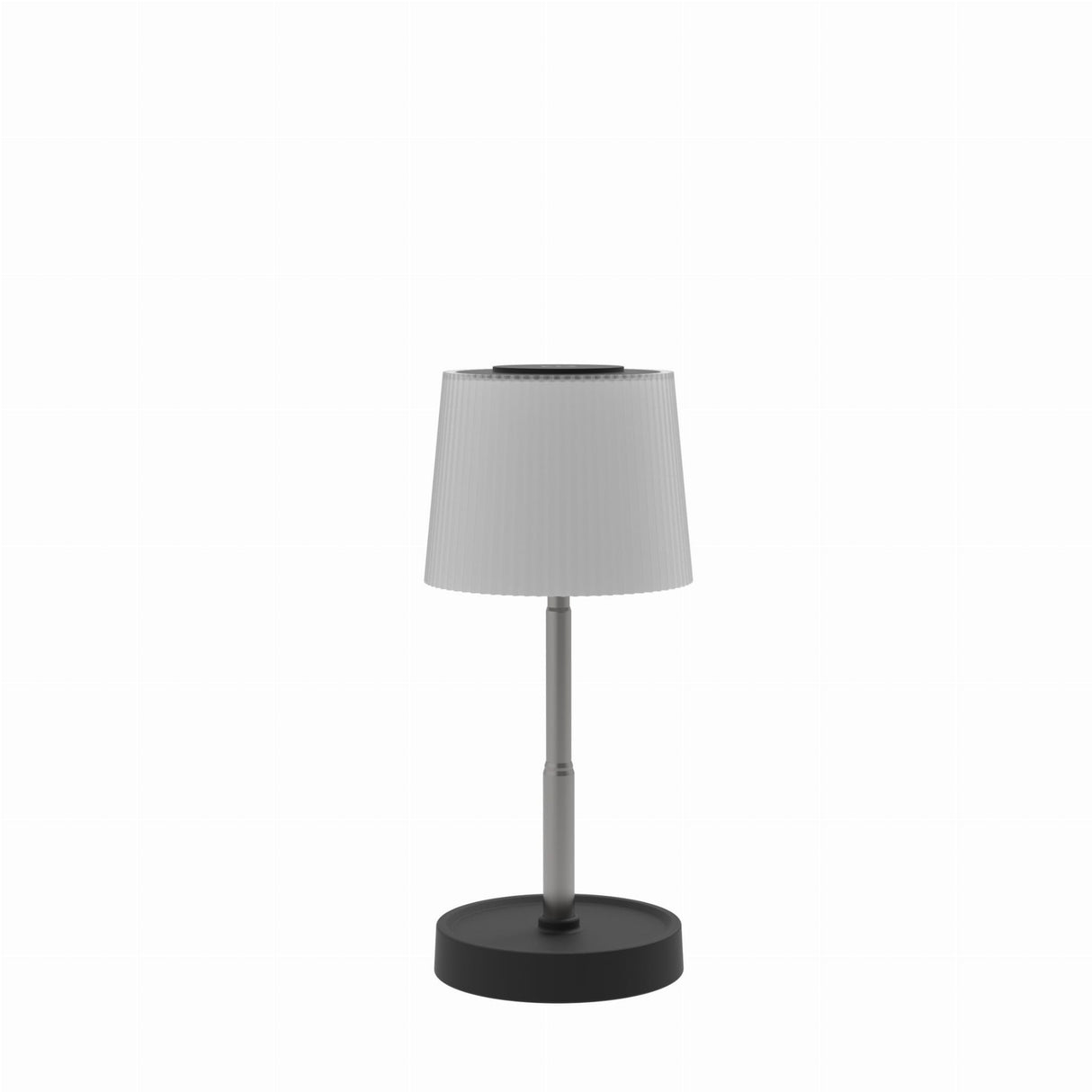 Table lamp with a gray shade and black base on a white background