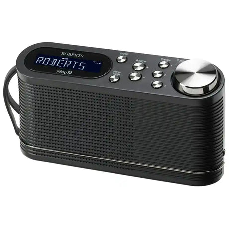 Roberts Play 10 black DAB FM portable digital radio with LCD display, chrome tuning dial and control buttons