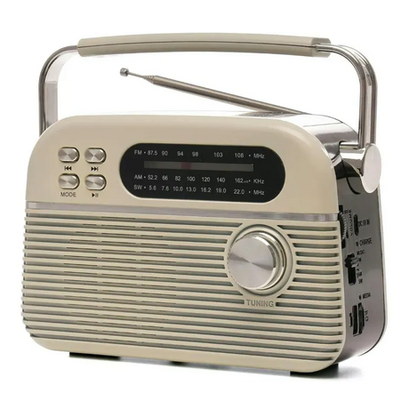 Lloytron Bolero cream retro portable radio with metal handle, tuning dial, FM AM SW bands, control buttons and telescopic antenna