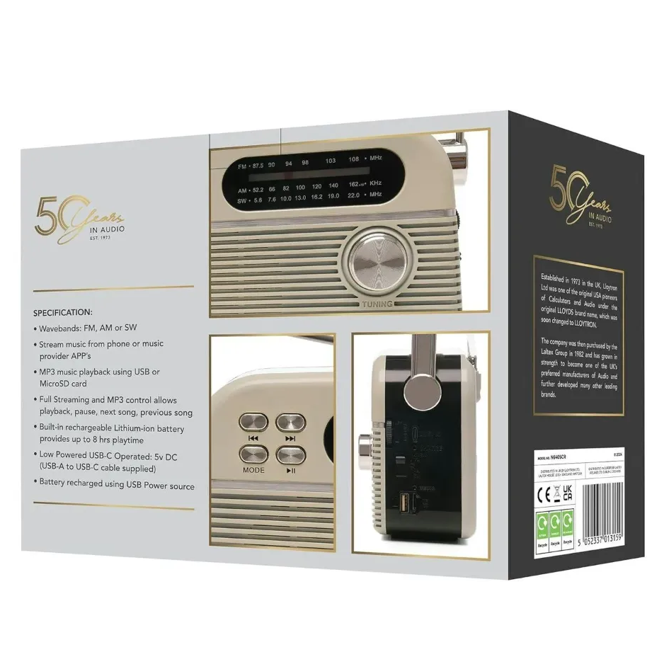 Lloytron 50 Years in Audio cream-coloured retro portable radio with FM AM SW bands, digital display, tuning dial, control buttons, built-in rechargeable battery, USB-C charging port and MicroSD card slot, shown in product packaging with specifications and multiple product views