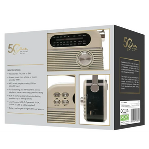 Lloytron 50 Years in Audio cream-coloured retro portable radio with FM AM SW bands, digital display, tuning dial, control buttons, built-in rechargeable battery, USB-C charging port and MicroSD card slot, shown in product packaging with specifications and multiple product views