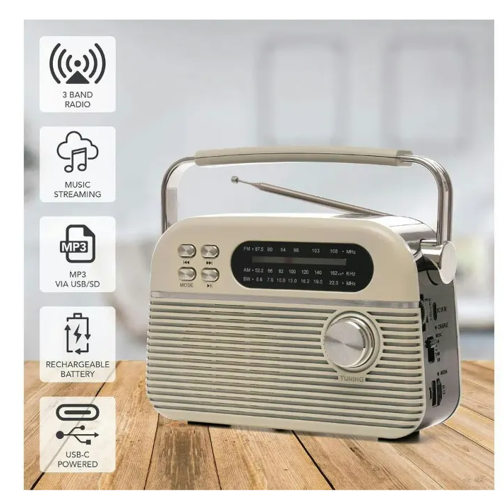 Cream Lloytron Bolero retro portable radio with 3 band radio, music streaming, MP3 via USB-SD, rechargeable battery and USB-C powered, displayed on wooden surface with feature icons on left side