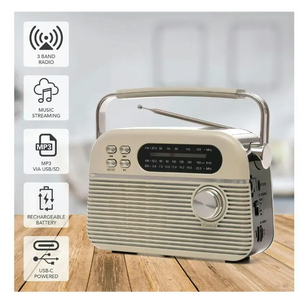 Cream Lloytron Bolero retro portable radio with 3 band radio, music streaming, MP3 via USB-SD, rechargeable battery and USB-C powered, displayed on wooden surface with feature icons on left side