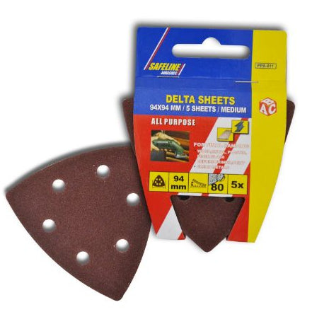 Safeline Delta Sanding Pads 94mm Medium grit 5 pack with brown triangular sanding sheets and packaging box showing product details