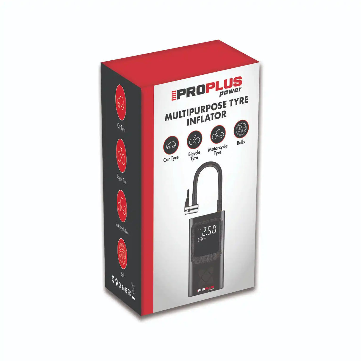 Proplus Power multipurpose tire inflator box packaging in red and white featuring digital display gauge and curved hose, suitable for car bicycle motorcycle and ball inflation