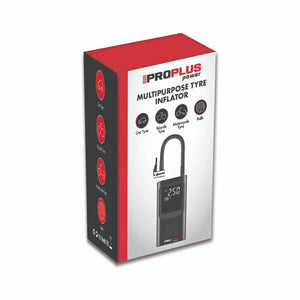 Proplus Power multipurpose tire inflator box packaging in red and white featuring digital display gauge and curved hose, suitable for car bicycle motorcycle and ball inflation