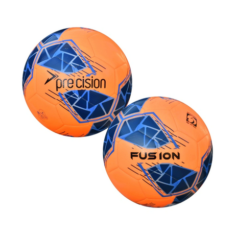 Two orange and blue soccer balls with 'preCision' and 'Fusion' branding on a white background.
