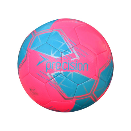 Pink and blue soccer ball with 'precision' branding on a white background
