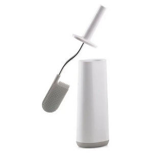Joseph Joseph Flex Toilet Brush in grey and white with flexible handle and storage caddy shown on white background