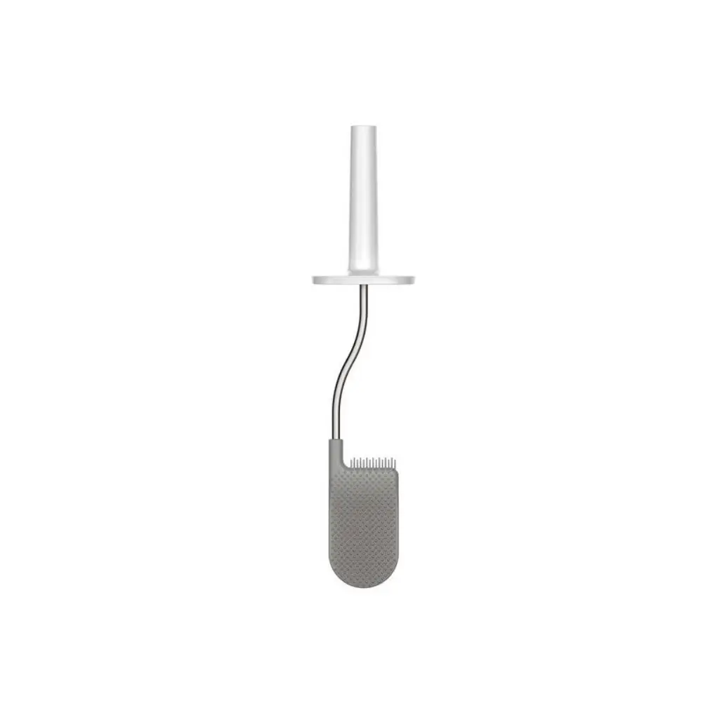 Joseph Joseph Flex Toilet Brush in grey and white with curved flexible handle and rounded brush head on white background