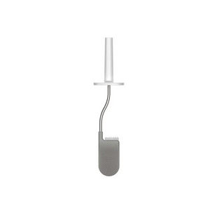 Joseph Joseph Flex Toilet Brush in grey and white with curved flexible handle and rounded brush head on white background