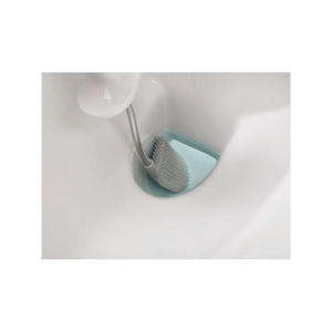 Joseph Joseph Flex Toilet Brush in grey and white with textured brush head and flexible handle stored in light blue holder inside white toilet bowl