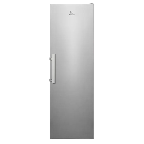 Electrolux 600 Series tall larder fridge in stainless steel with handle and Electrolux logo on front door