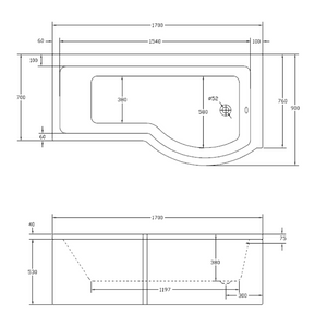 P SHAPE 1700x900mm Single Ended Shower Bath & Panel White with Bath Screen Chrome