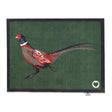 Hug Rug Pheasant 2 Green doormat featuring a red and dark blue pheasant with long tail feathers on a forest green background with black border, 65cm x 85cm