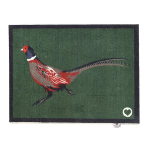 Hug Rug Pheasant 2 Green doormat featuring a red and dark blue pheasant with long tail feathers on a forest green background with black border, 65cm x 85cm