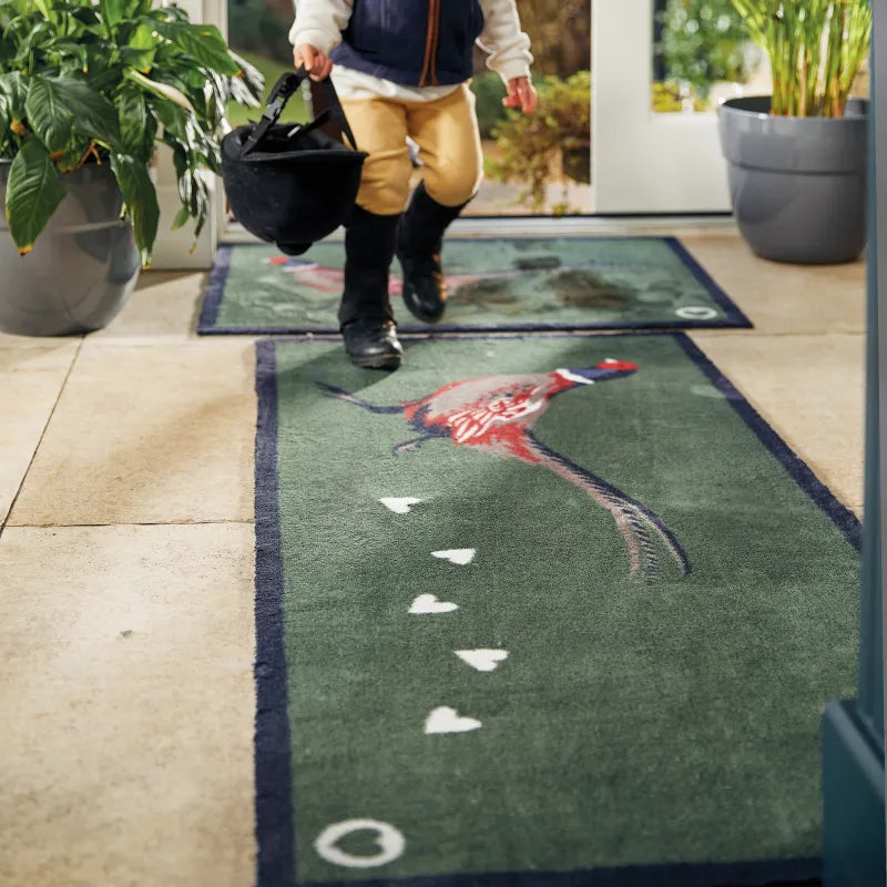 Person entering home carrying black basket, walking on green Hug Rug doormat featuring red pheasant design with white stepping stones, flanked by potted plants in entryway