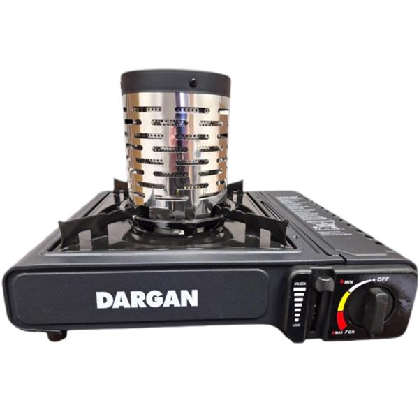 Dargan portable gas stove heater with chrome cylindrical heating element on black base unit, featuring control knob and ignition button